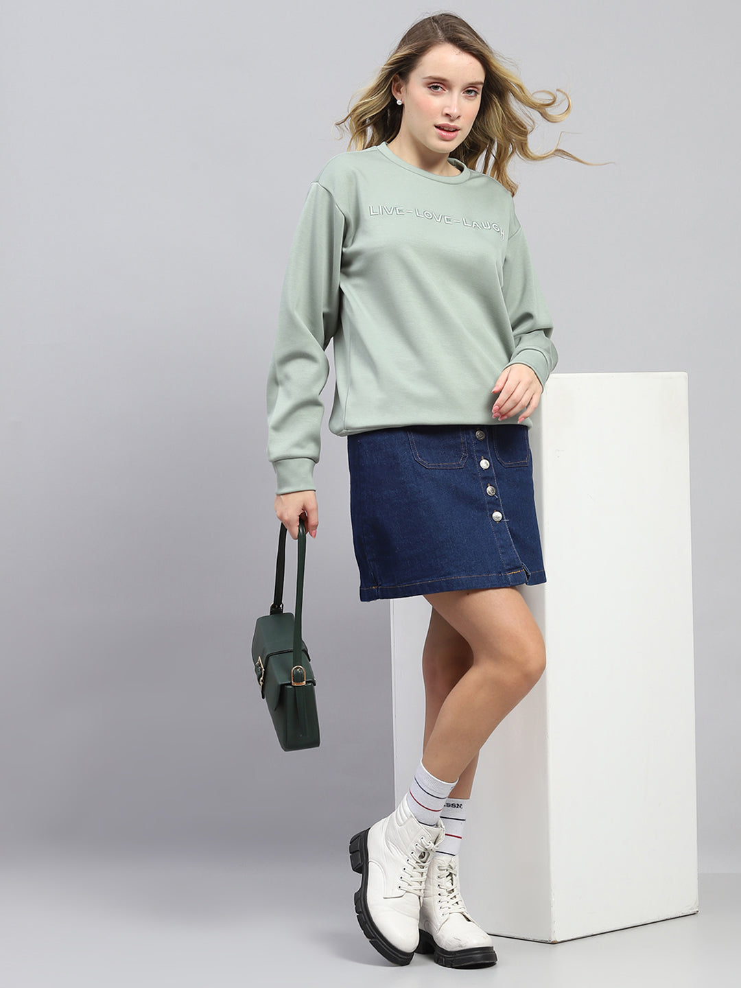 Women Green Printed Round Neck Full Sleeve Sweatshirt