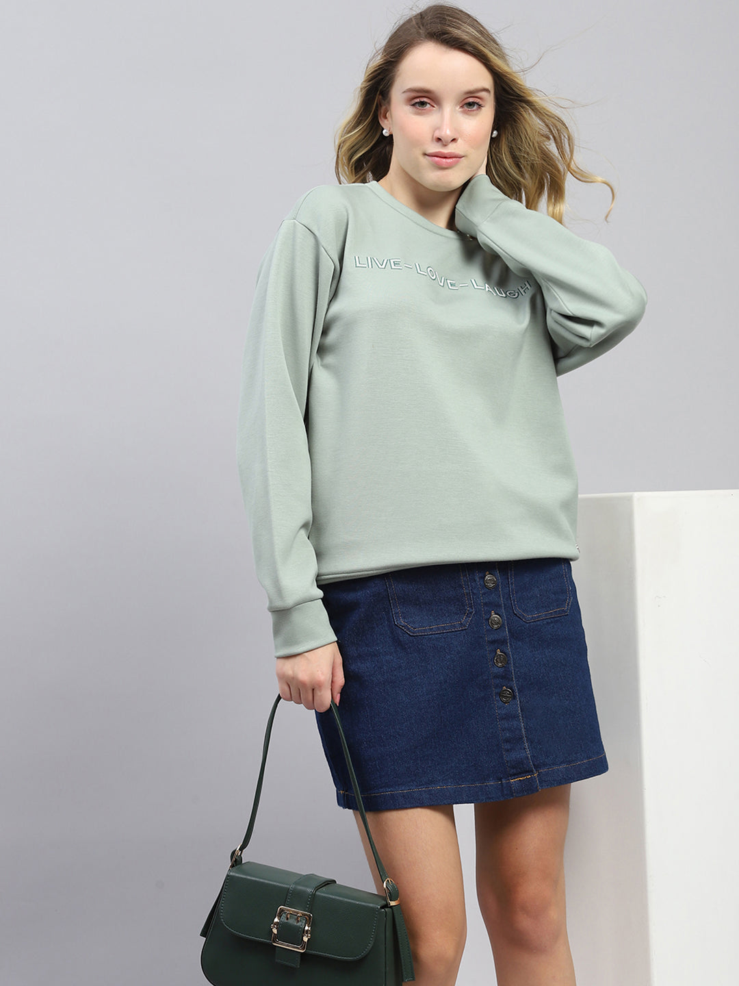 Women Green Printed Round Neck Full Sleeve Sweatshirt