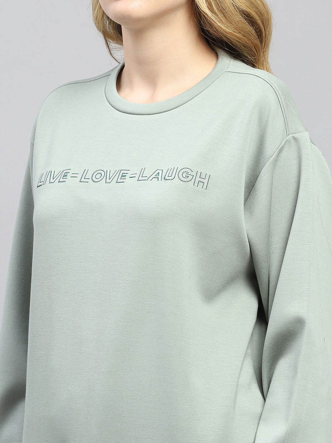 Women Green Printed Round Neck Full Sleeve Sweatshirt
