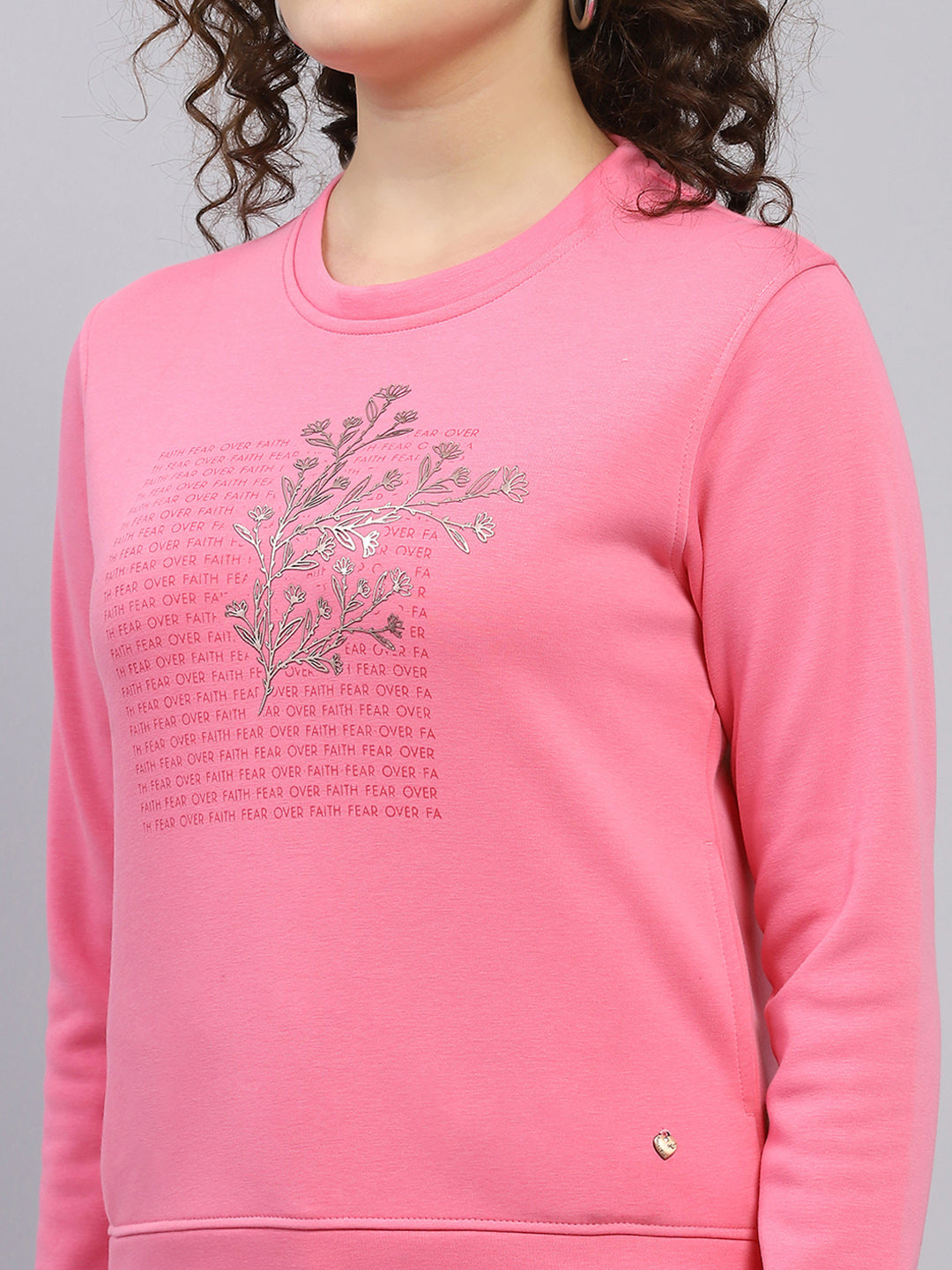 Women Pink Printed Round Neck Full Sleeve Sweatshirt