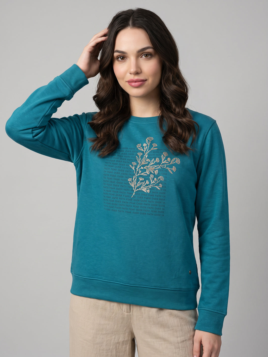 Women Blue Embossed Pattern Round Neck Full Sleeve Sweatshirt