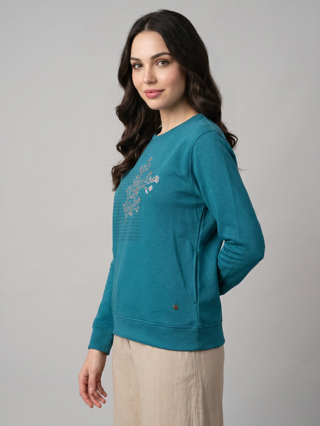 Women Blue Embossed Pattern Round Neck Full Sleeve Sweatshirt