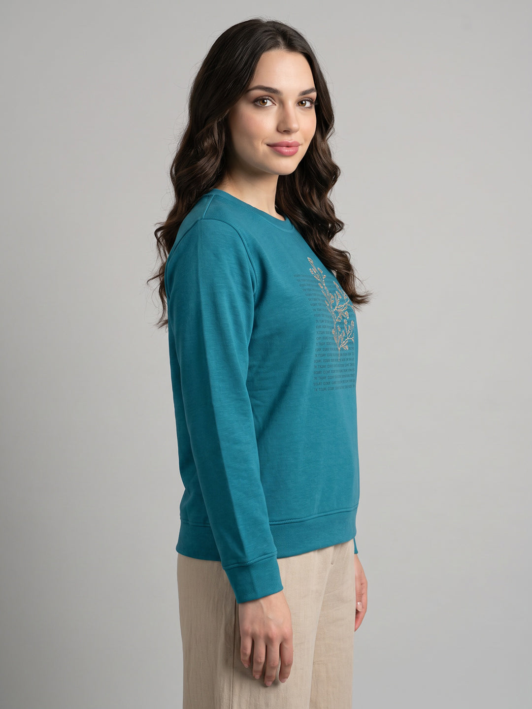 Women Blue Embossed Pattern Round Neck Full Sleeve Sweatshirt