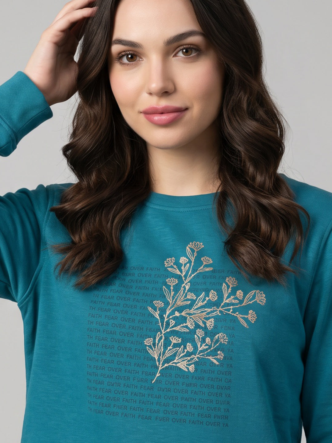 Women Blue Embossed Pattern Round Neck Full Sleeve Sweatshirt