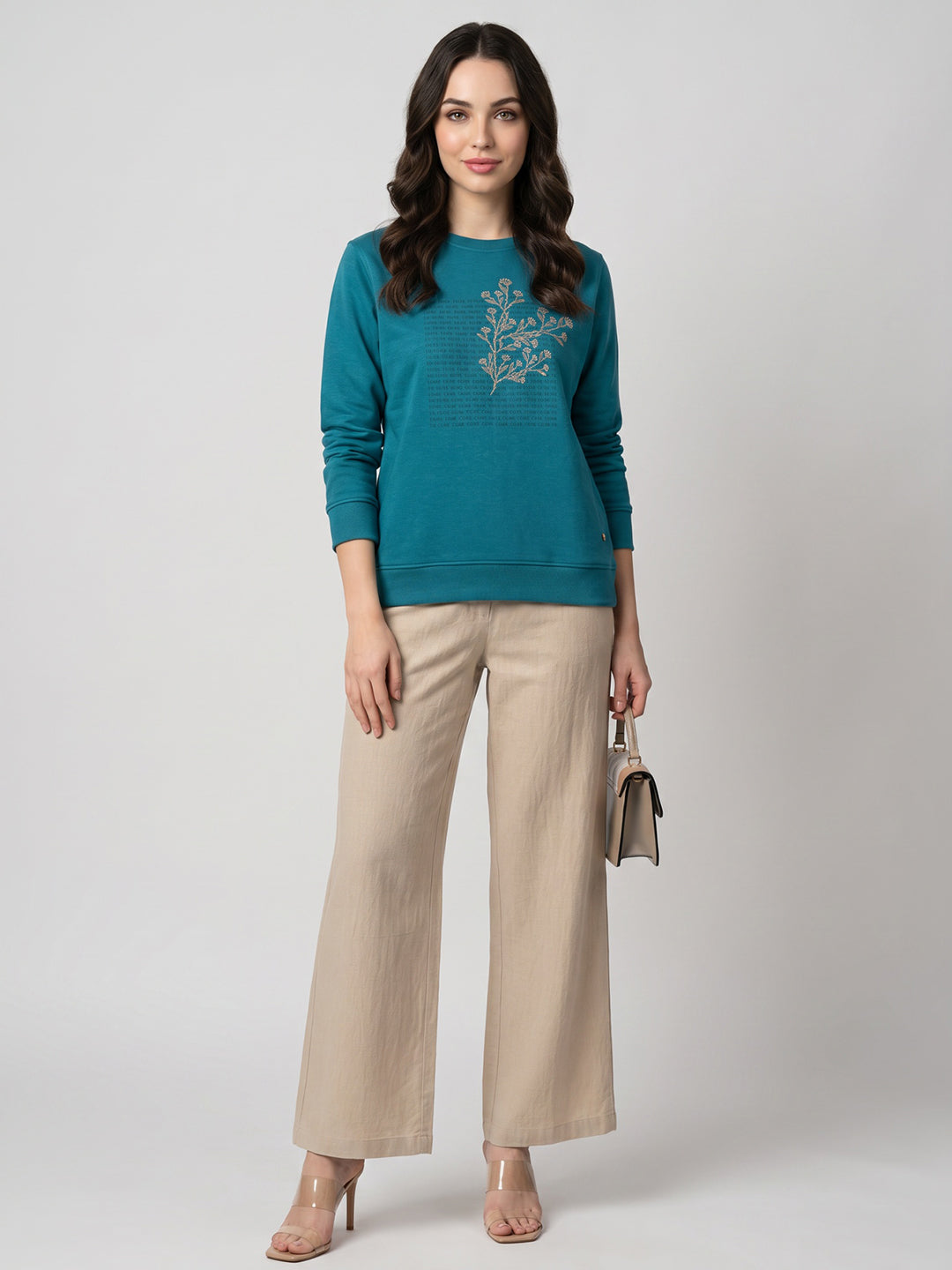 Women Blue Embossed Pattern Round Neck Full Sleeve Sweatshirt
