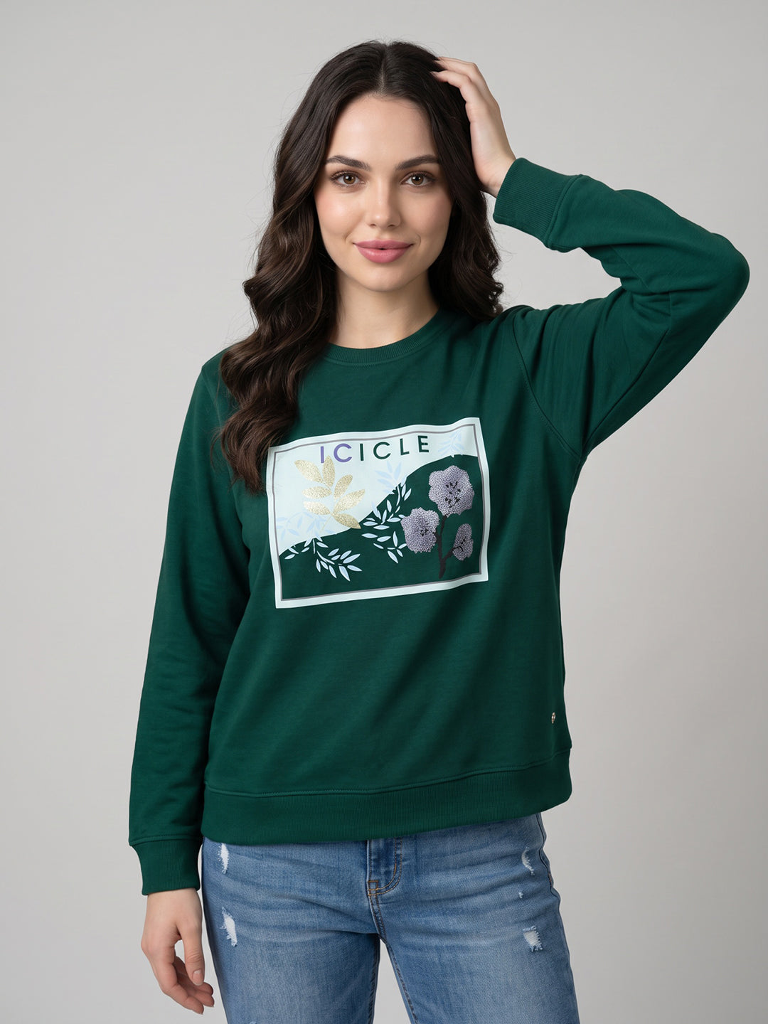 Women Green Geometric Round Neck Full Sleeve Sweatshirt