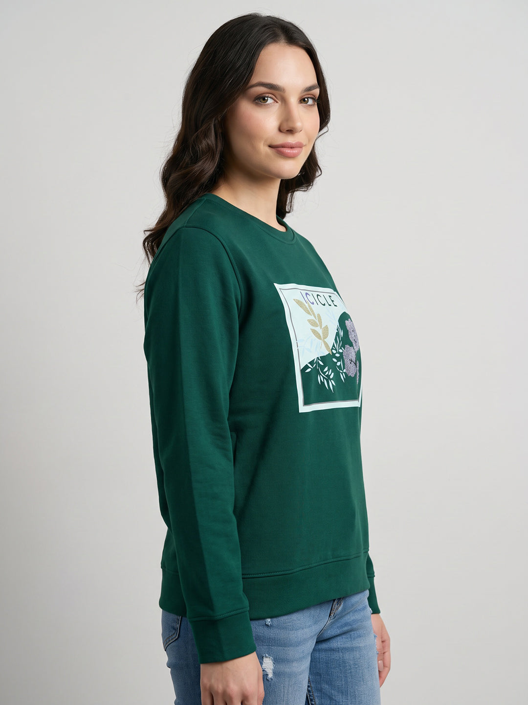 Women Green Geometric Round Neck Full Sleeve Sweatshirt