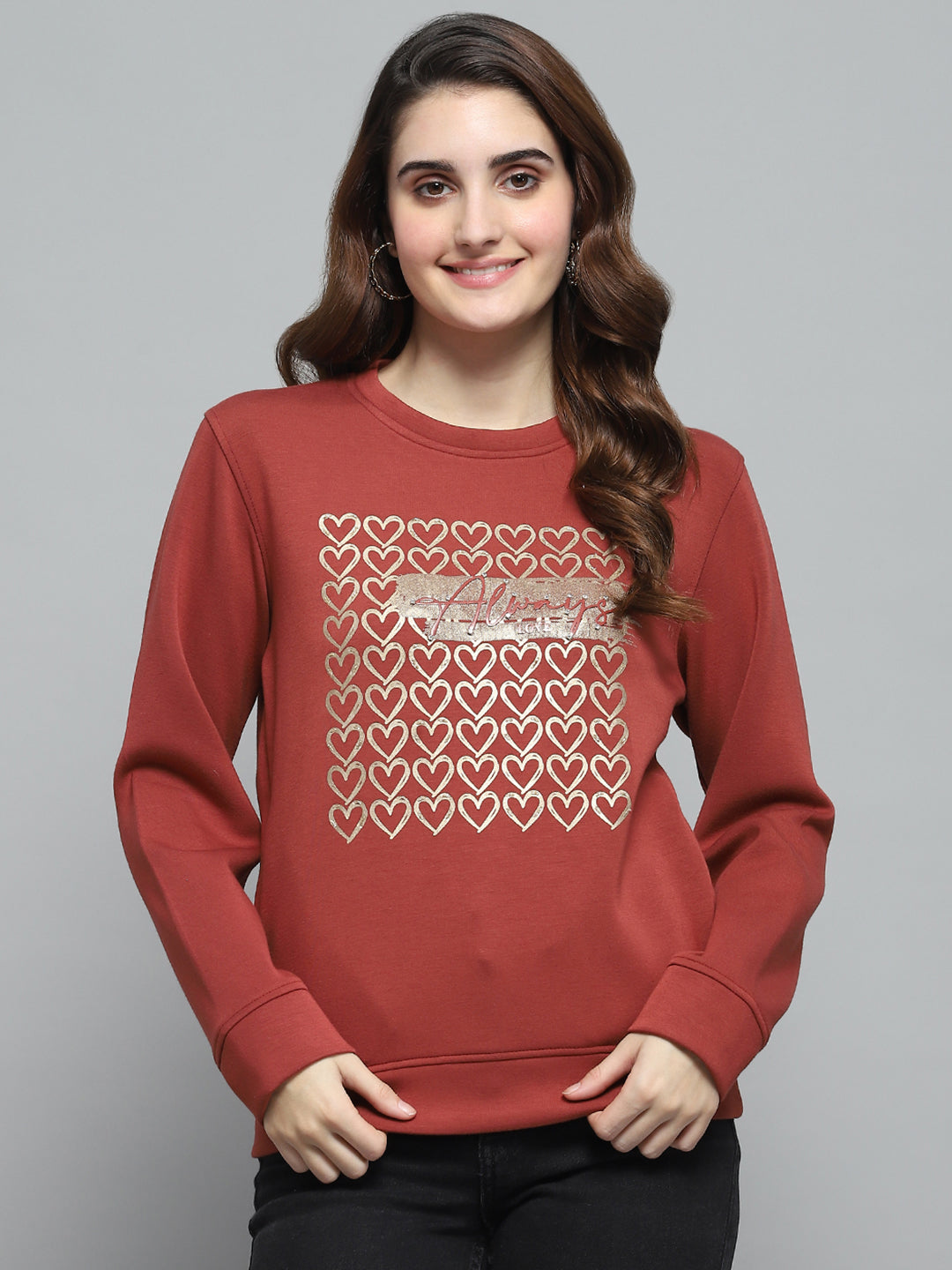 Women Rust Printed Round Neck Full Sleeve Sweatshirt