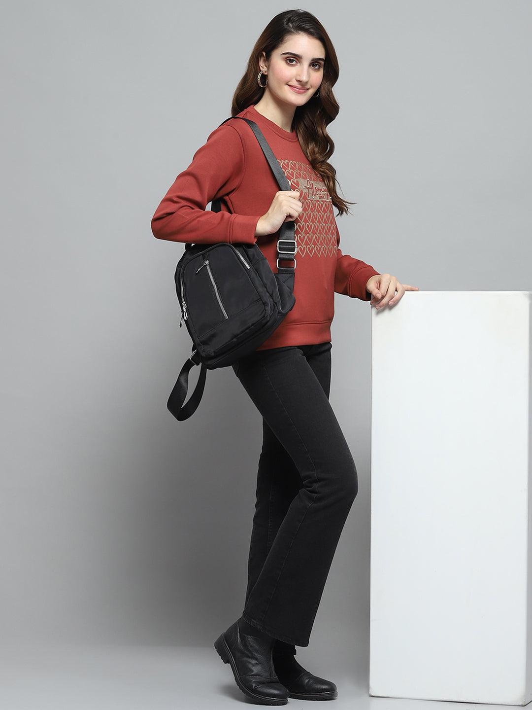 Women Rust Printed Round Neck Full Sleeve Sweatshirt