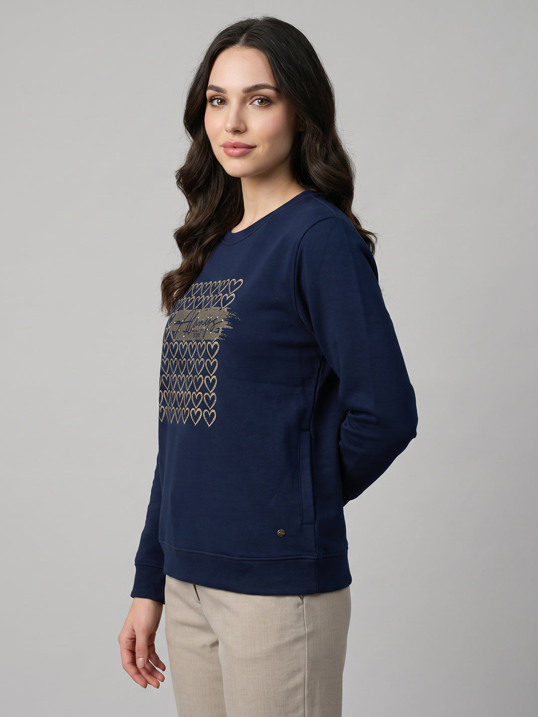 Women Navy Blue Self Design Round Neck Full Sleeve Sweatshirt