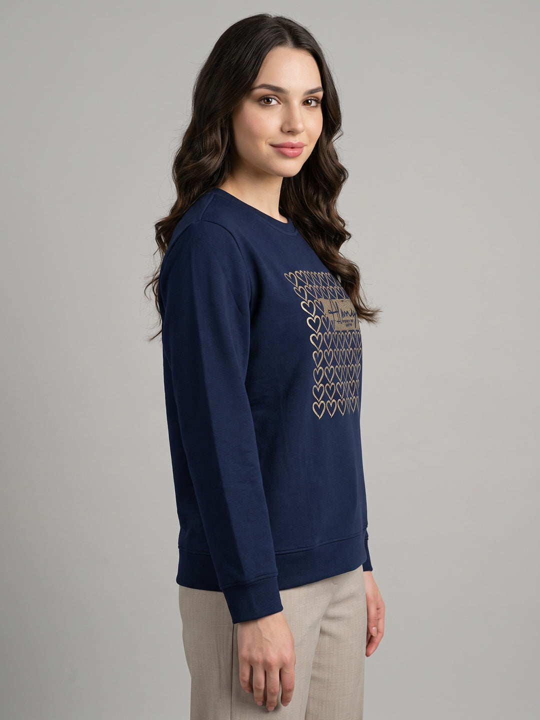 Women Navy Blue Self Design Round Neck Full Sleeve Sweatshirt
