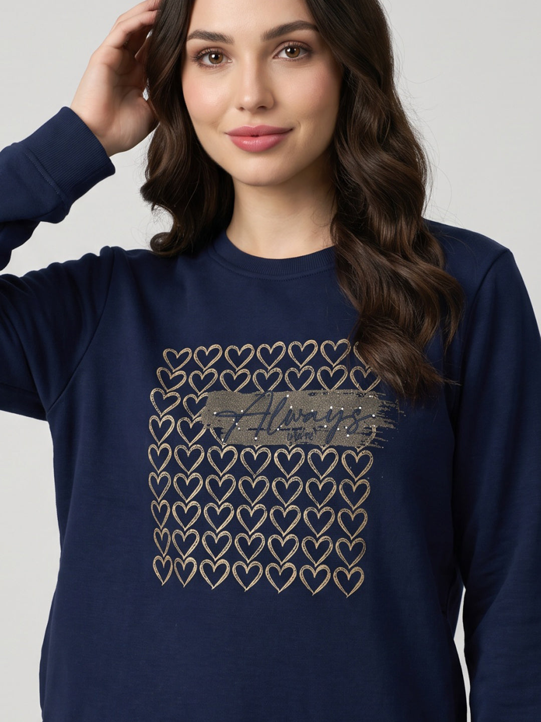 Women Navy Blue Self Design Round Neck Full Sleeve Sweatshirt