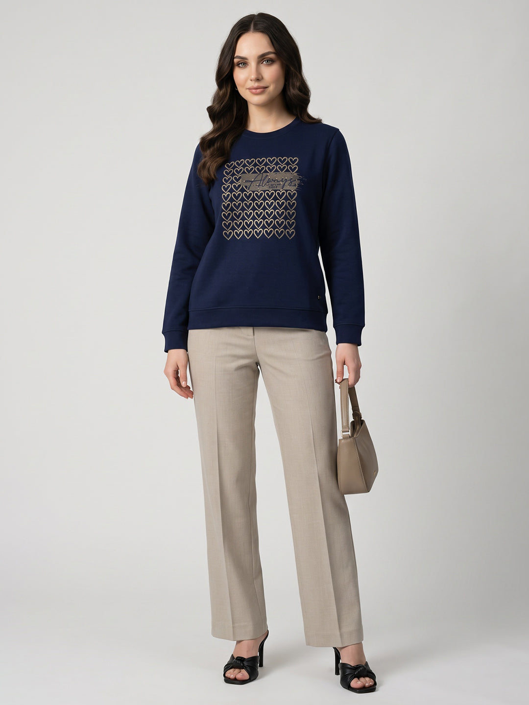 Women Navy Blue Self Design Round Neck Full Sleeve Sweatshirt
