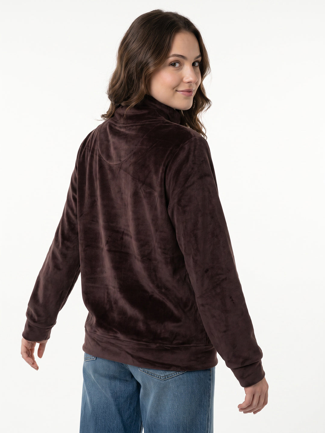 Women Maroon Embroidered High Neck Full Sleeve Sweatshirt