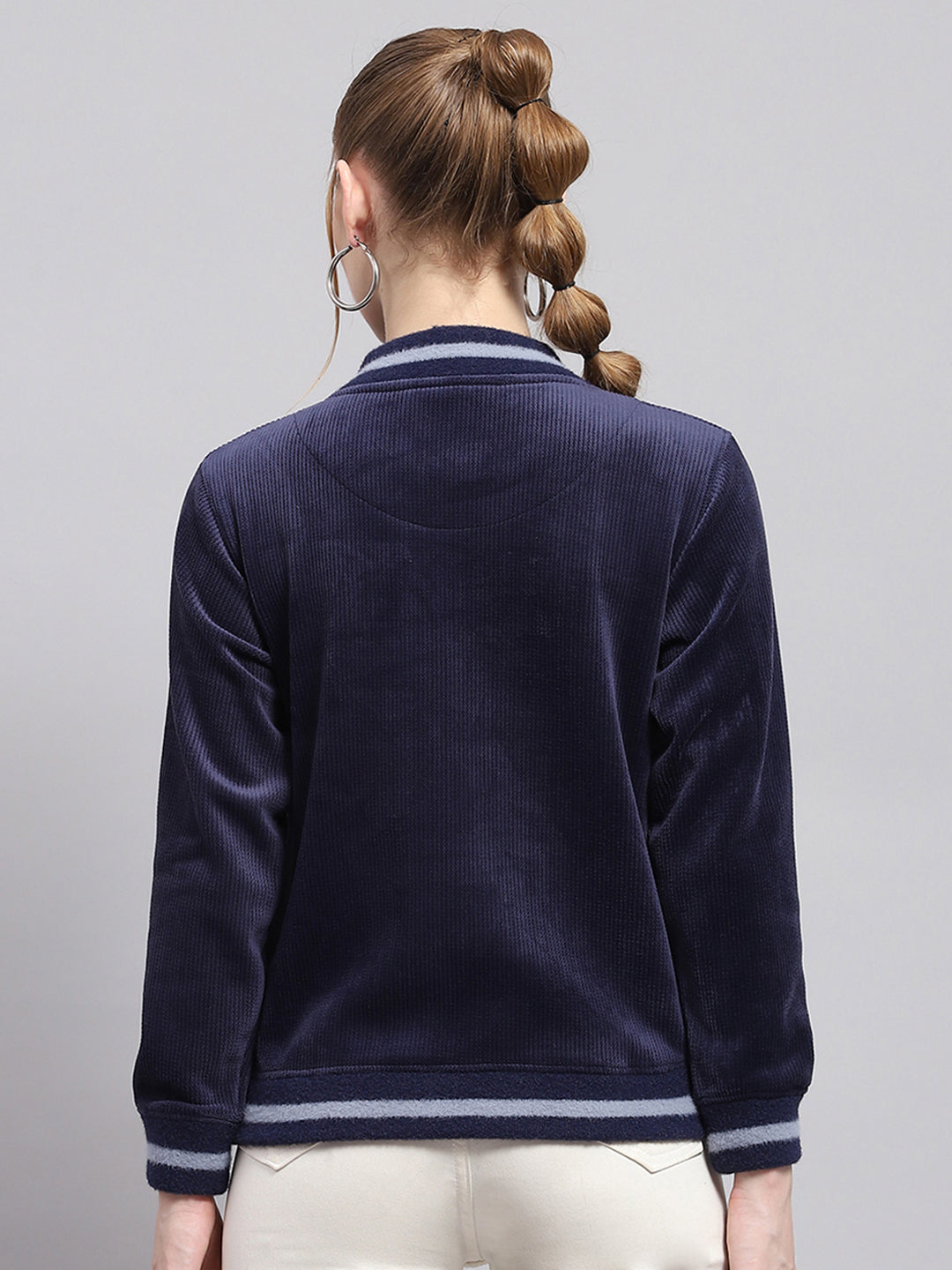 Women Navy Blue Printed High Neck Full Sleeve Sweatshirt