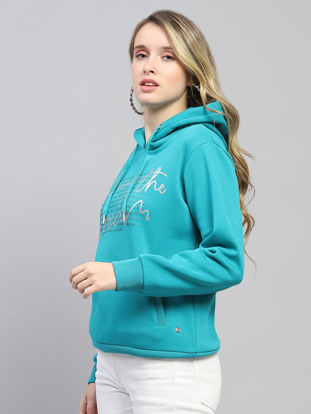 Women Teal Blue Printed Hooded Full Sleeve Sweatshirt