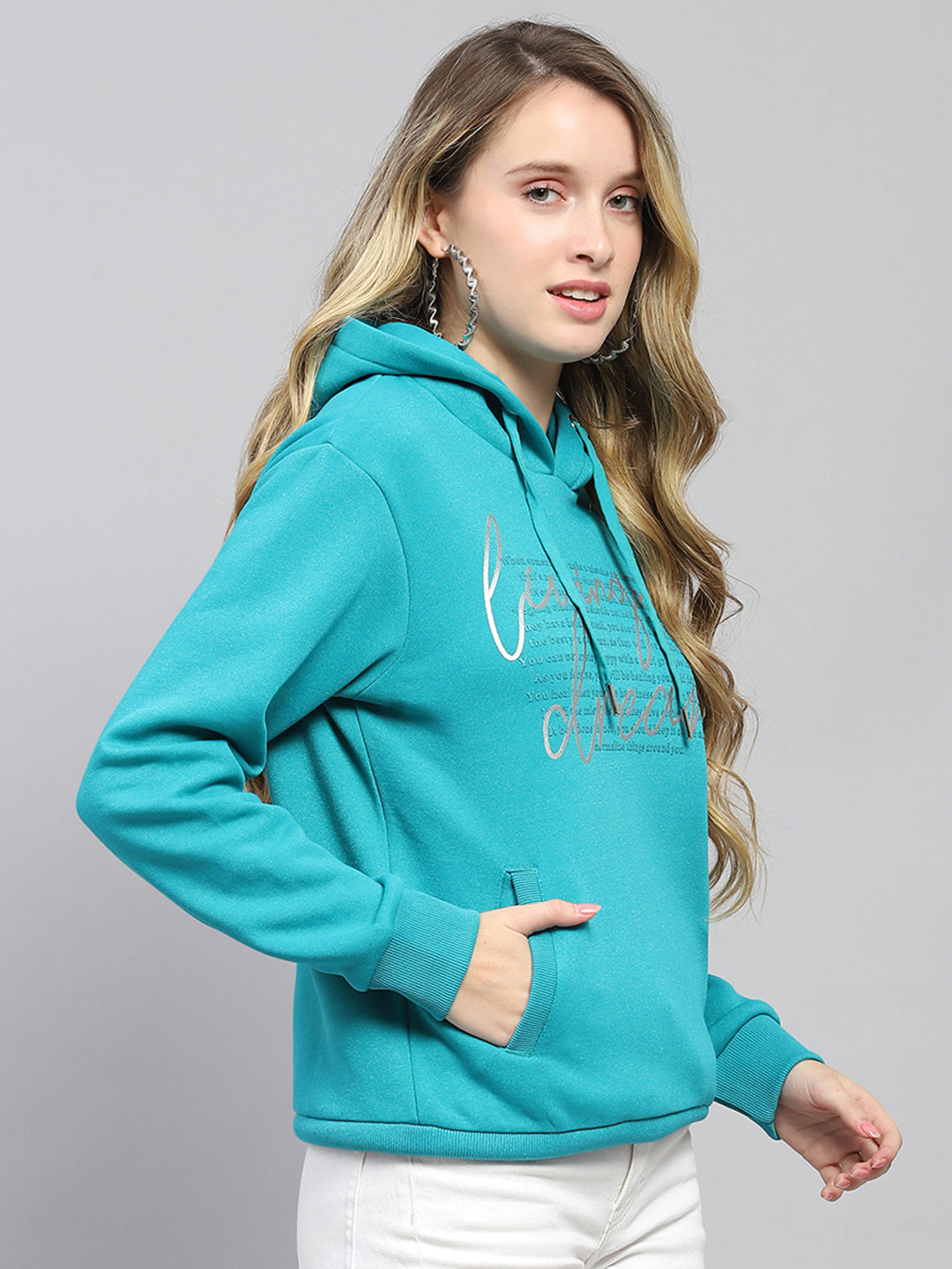 Women Teal Blue Printed Hooded Full Sleeve Sweatshirt