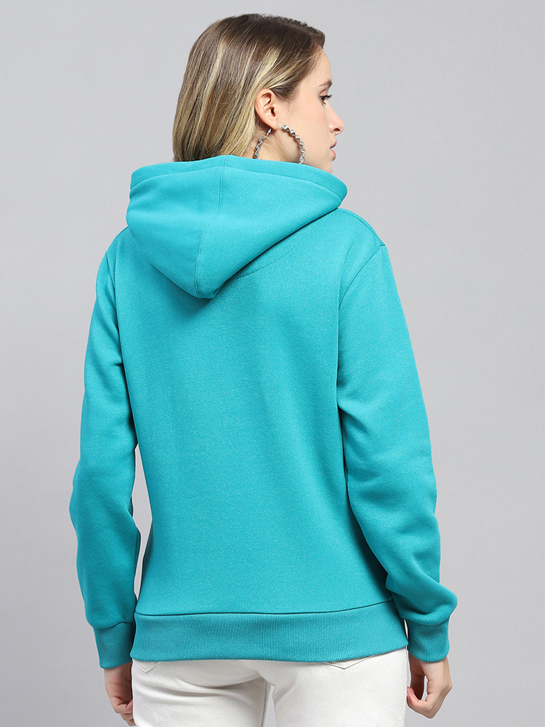 Women Teal Blue Printed Hooded Full Sleeve Sweatshirt