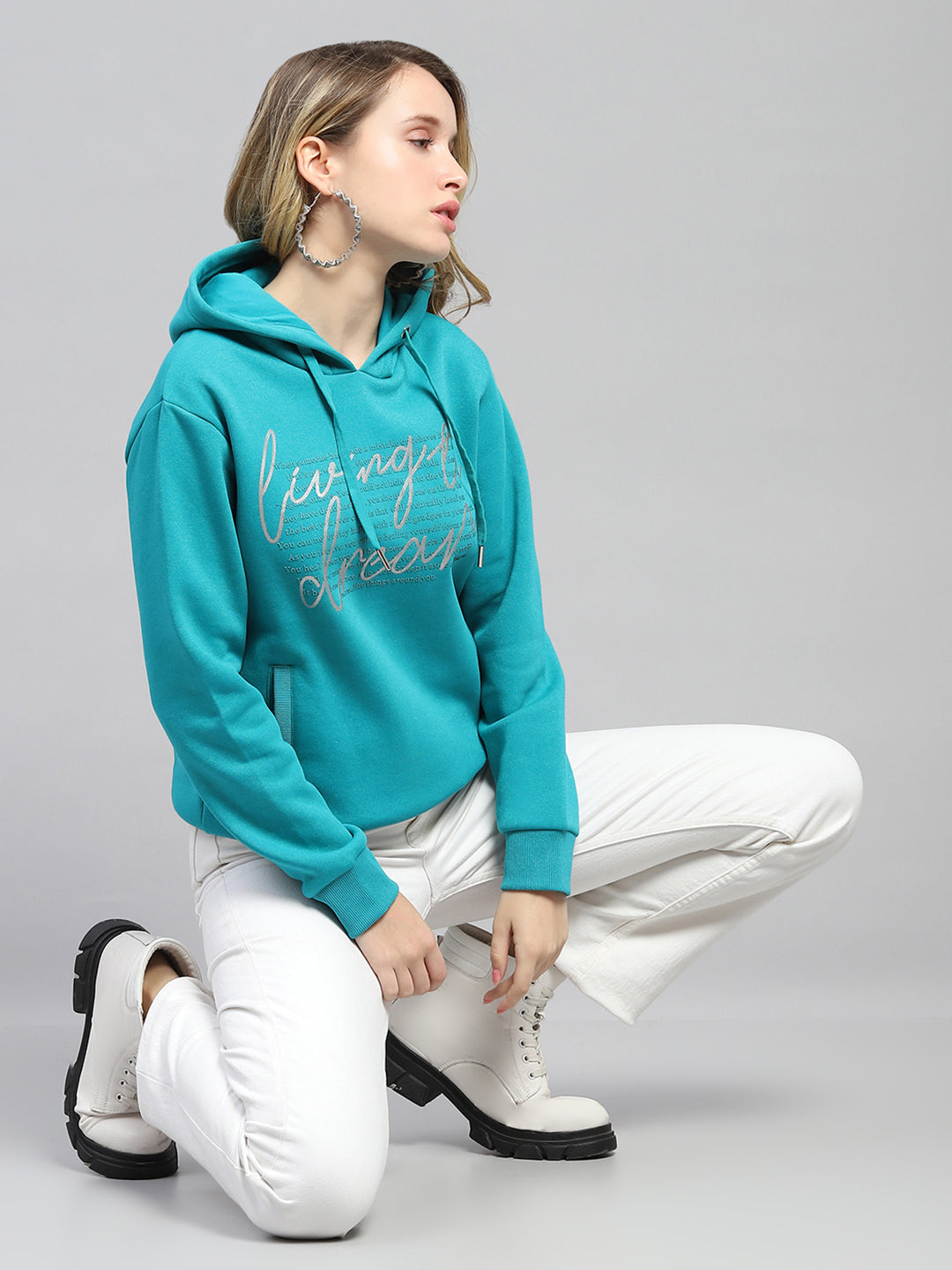 Women Teal Blue Printed Hooded Full Sleeve Sweatshirt