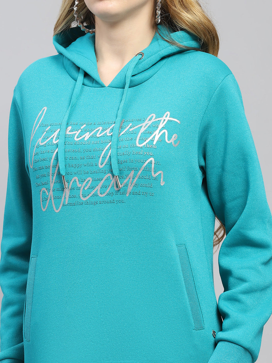 Women Teal Blue Printed Hooded Full Sleeve Sweatshirt
