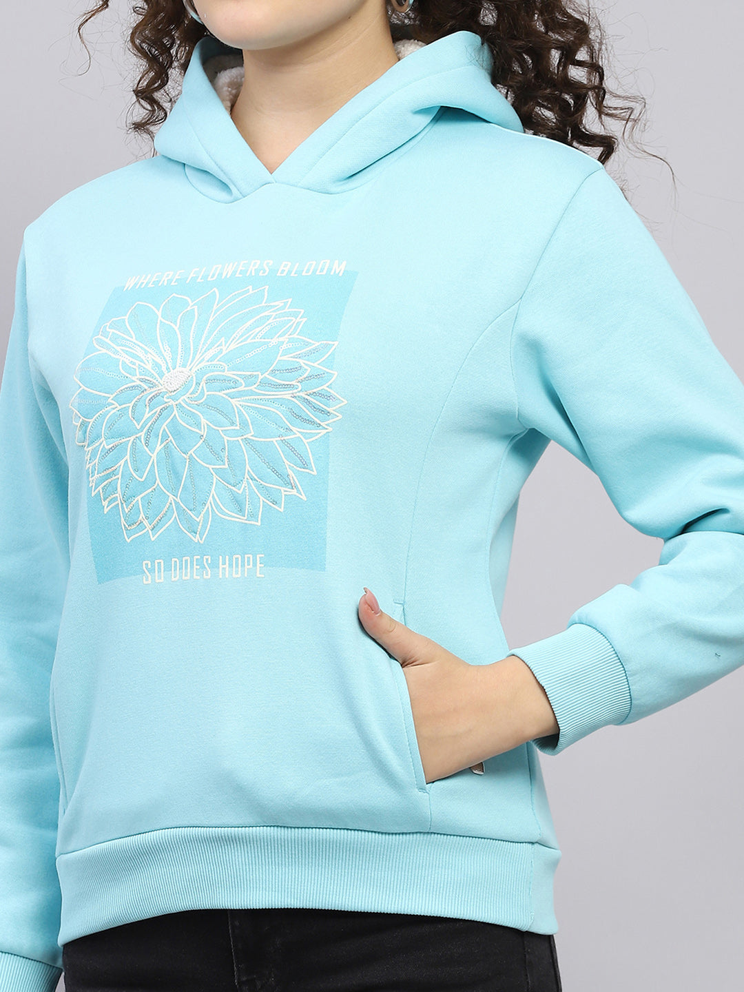 Women Blue Printed Hooded Full Sleeve Sweatshirt