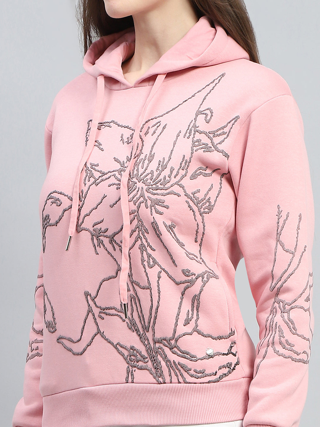 Women Pink Printed Hooded Full Sleeve Sweatshirt