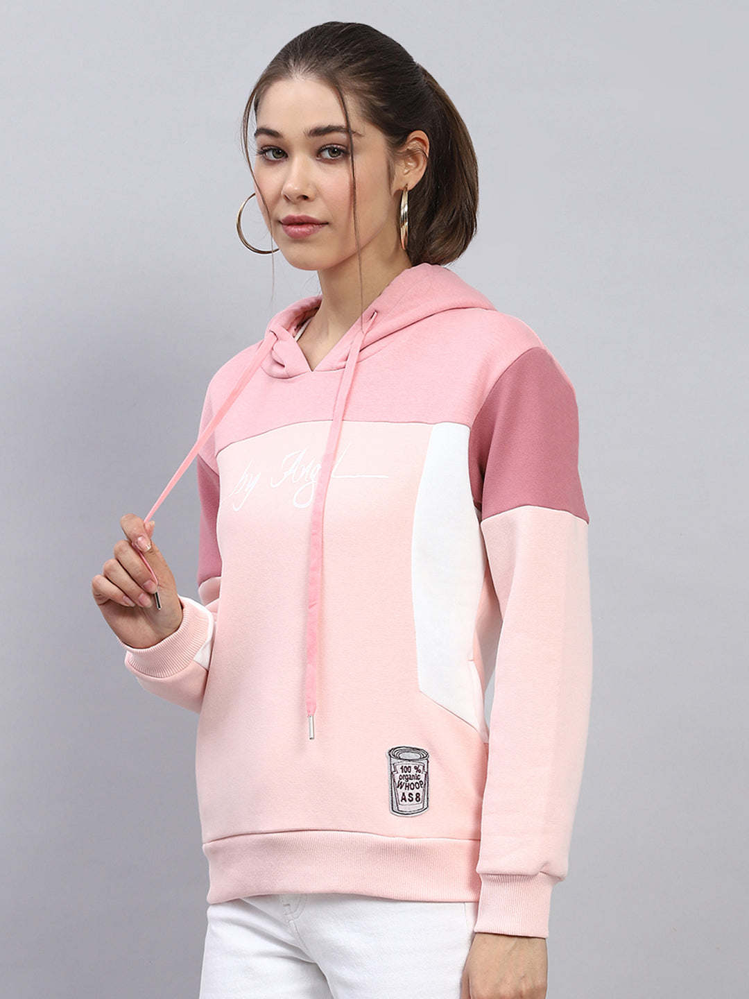 Women Pink Solid Hooded Full Sleeve Sweatshirt
