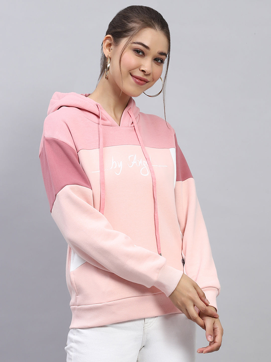 Women Pink Solid Hooded Full Sleeve Sweatshirt