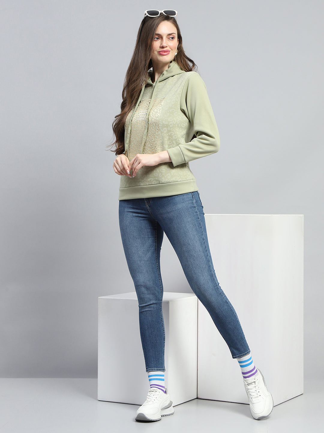 Women Green Printed Hooded Full Sleeve Sweatshirt