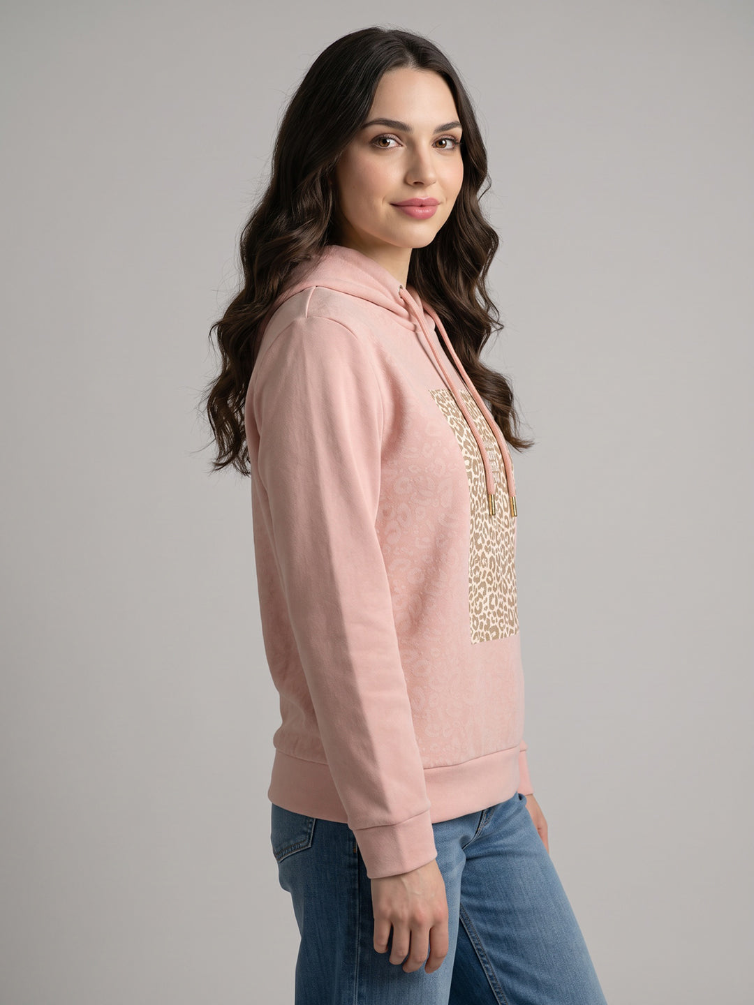 Women Peach Printed Hooded Full Sleeve Sweatshirt