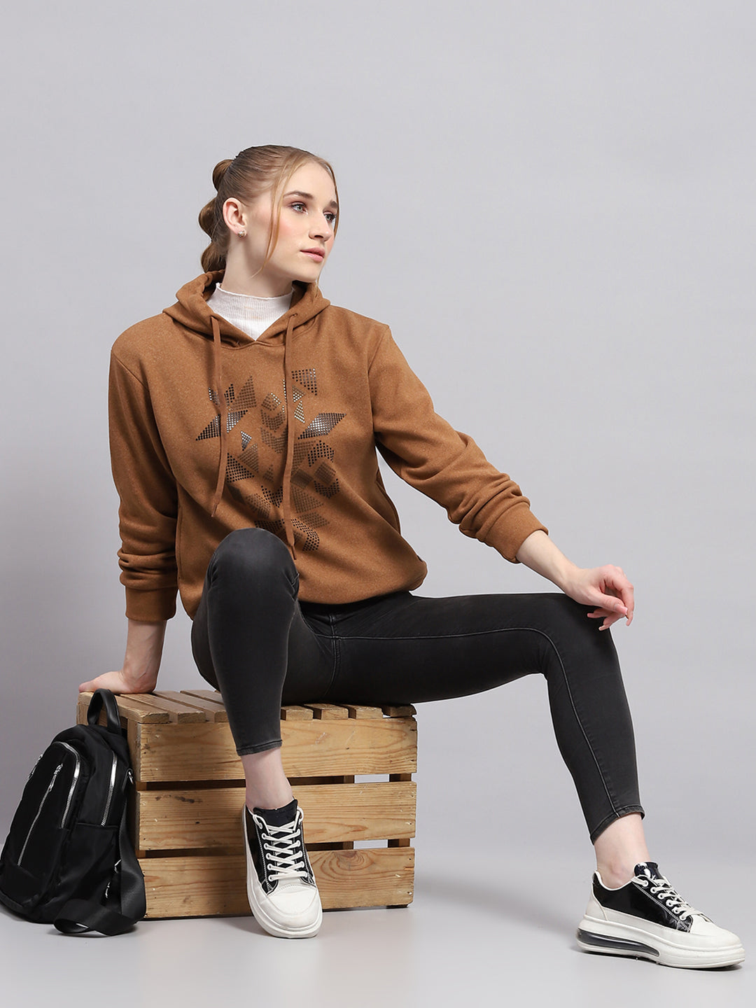 Women Brown Printed Hooded Full Sleeve Sweatshirt