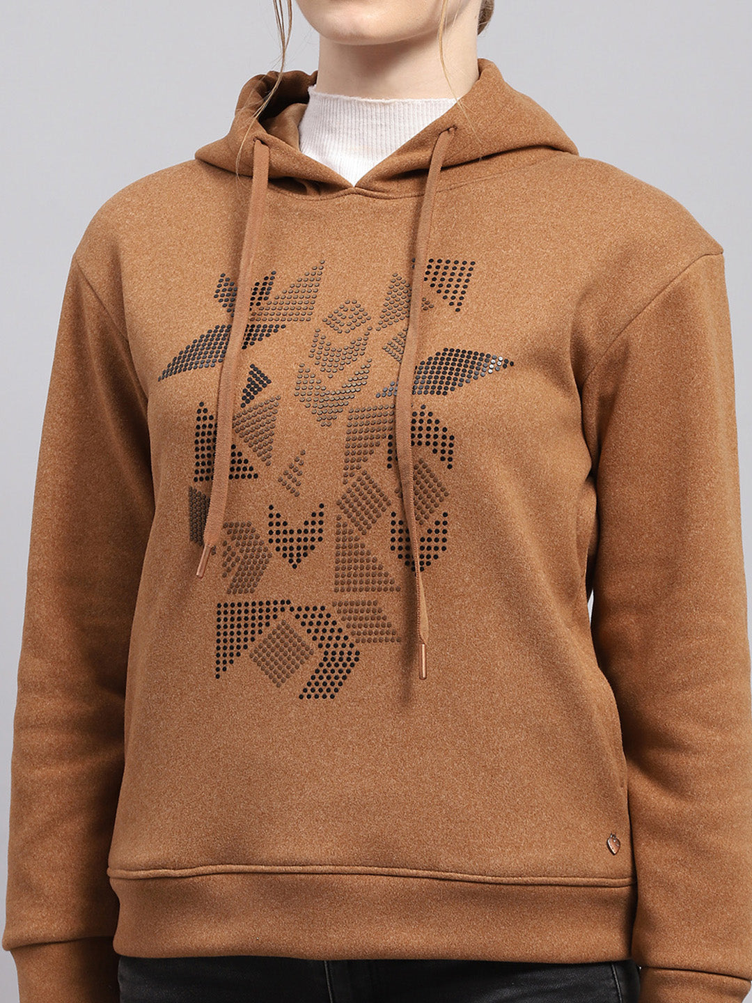 Women Brown Printed Hooded Full Sleeve Sweatshirt