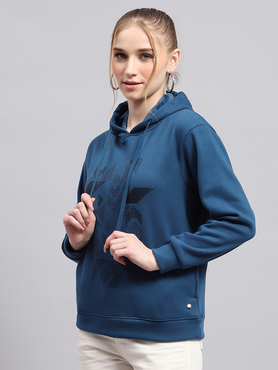 Women Blue Printed Hooded Full Sleeve Sweatshirt