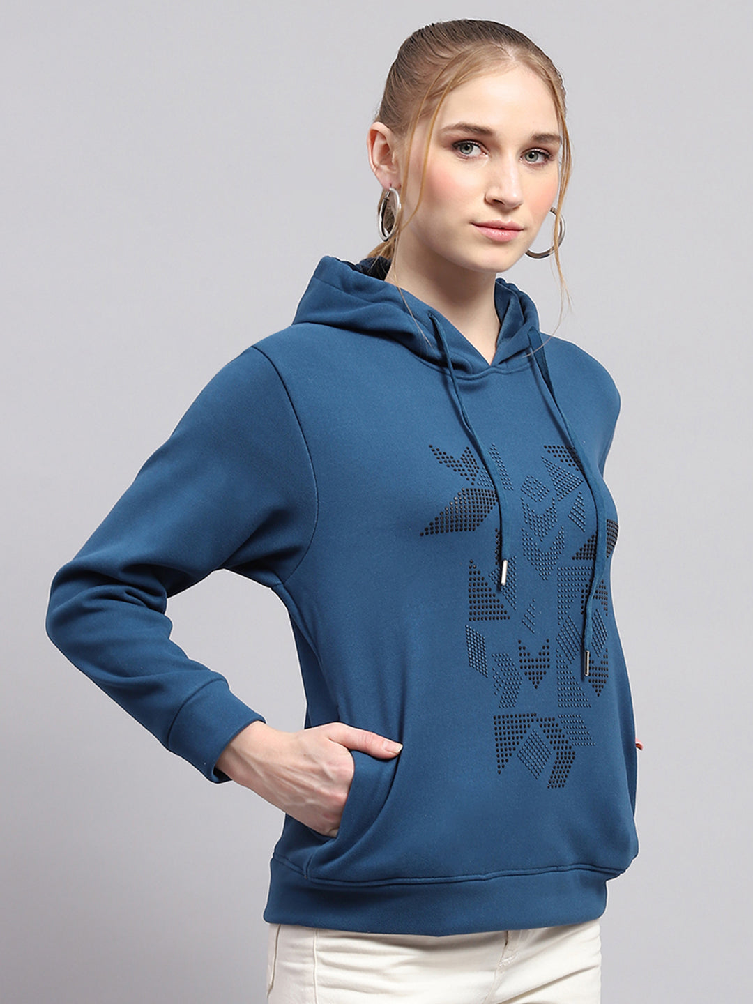 Women Blue Printed Hooded Full Sleeve Sweatshirt