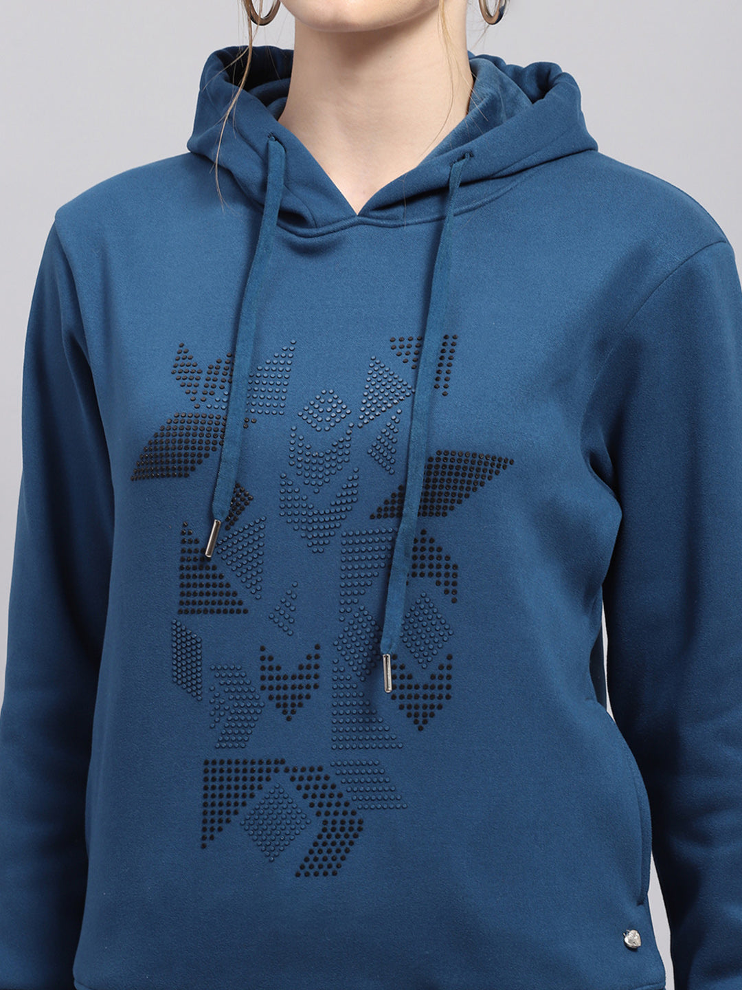Women Blue Printed Hooded Full Sleeve Sweatshirt