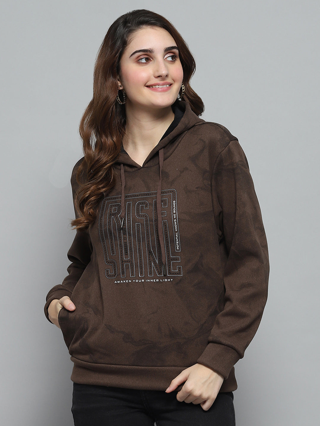 Women Brown Printed Hooded Full Sleeve Sweatshirt