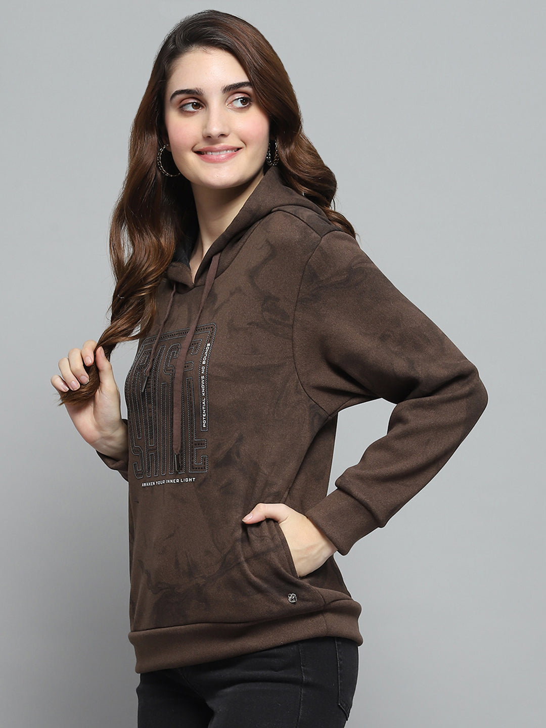 Women Brown Printed Hooded Full Sleeve Sweatshirt