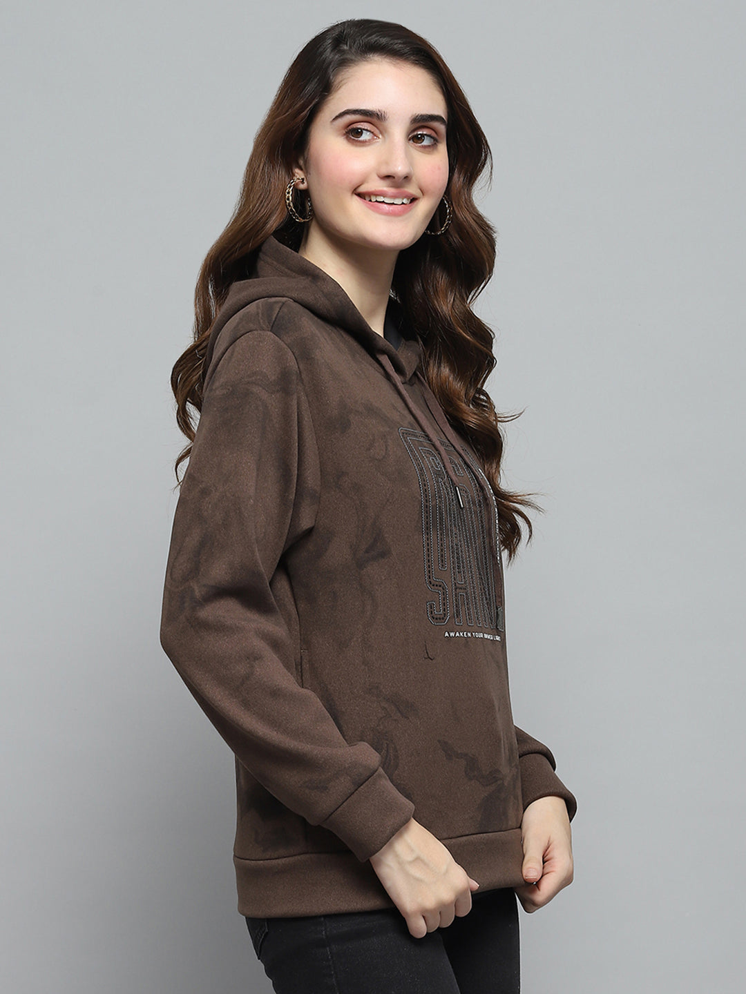 Women Brown Printed Hooded Full Sleeve Sweatshirt
