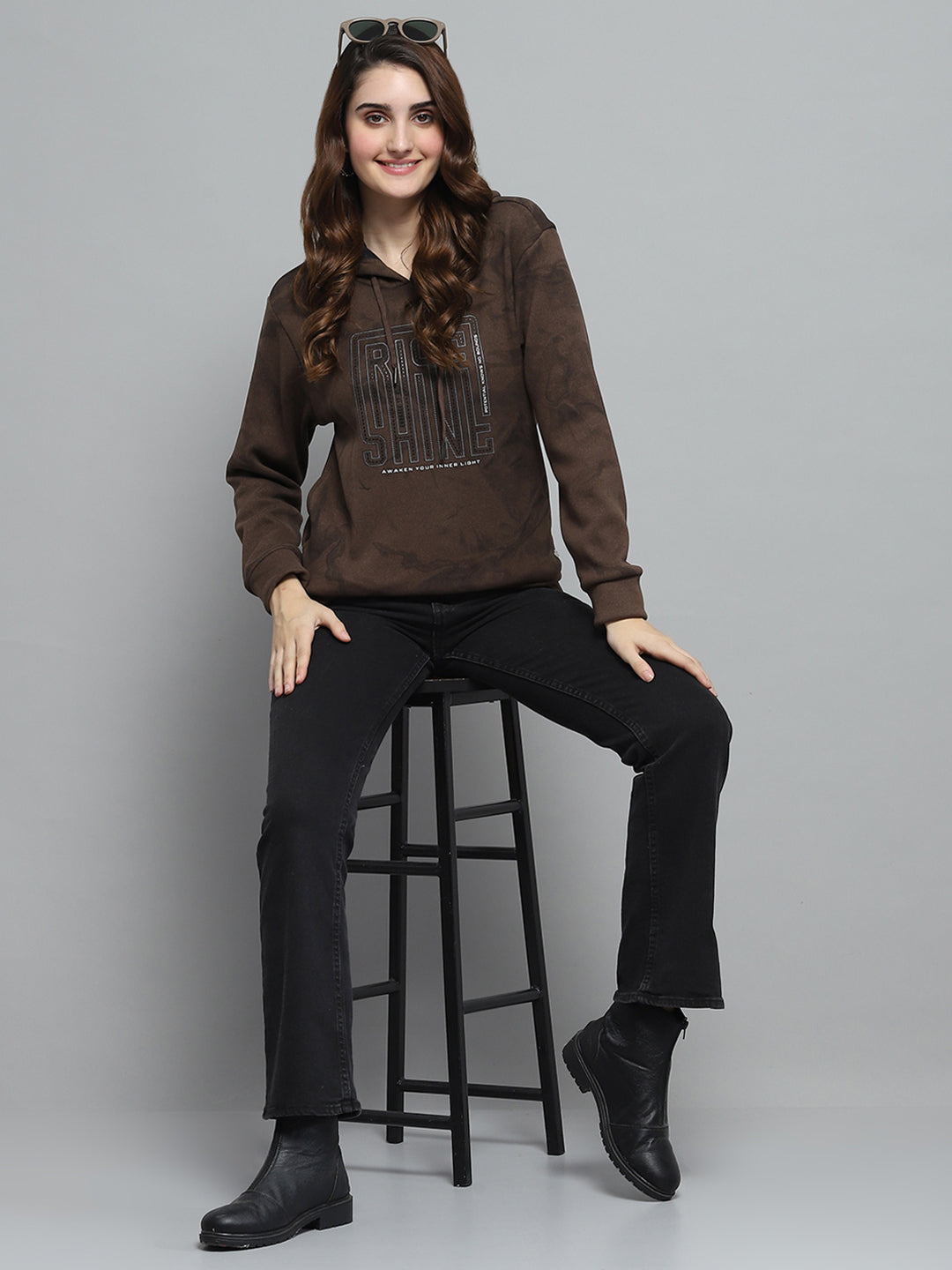 Women Brown Printed Hooded Full Sleeve Sweatshirt