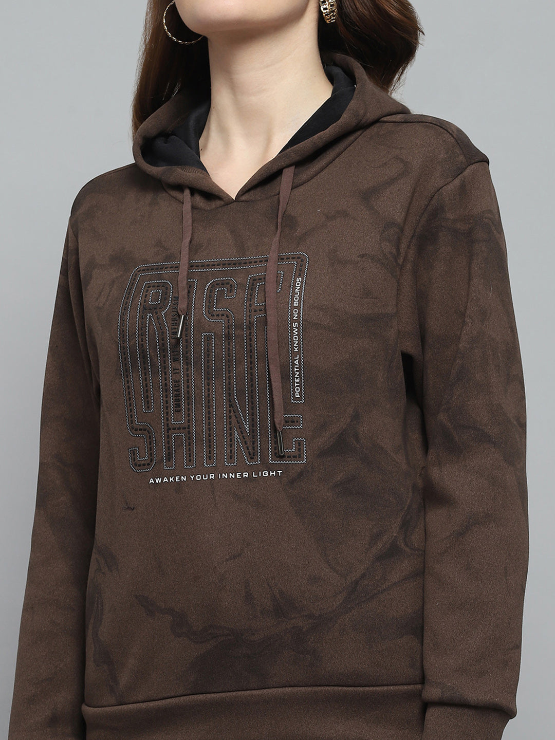 Women Brown Printed Hooded Full Sleeve Sweatshirt