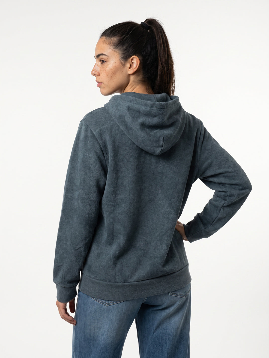Women Blue Printed Hooded Full Sleeve Sweatshirt