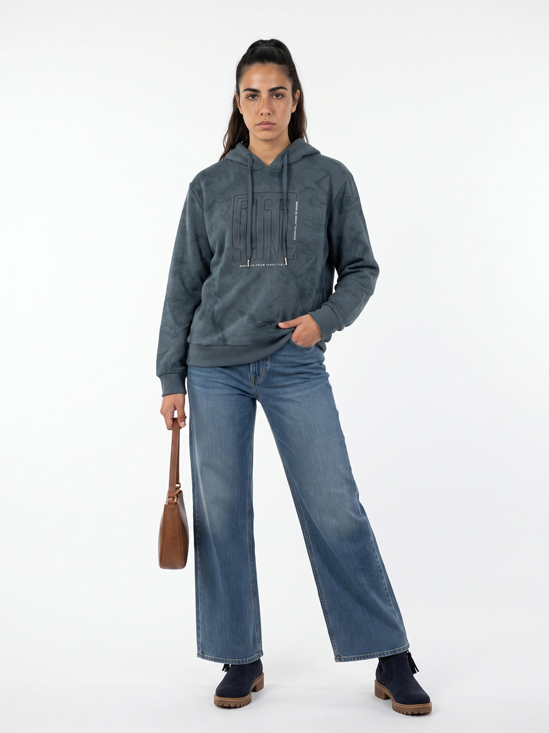 Women Blue Printed Hooded Full Sleeve Sweatshirt