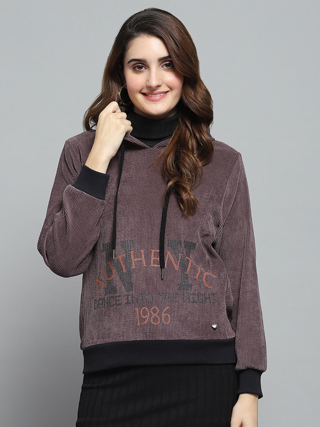 Women Purple Printed Hooded Full Sleeve Sweatshirt