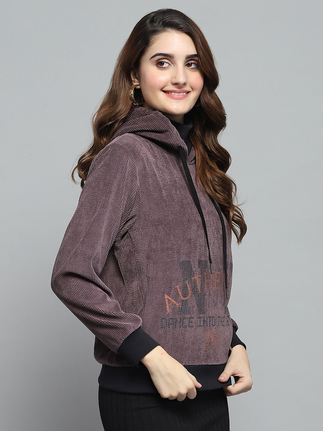Women Purple Printed Hooded Full Sleeve Sweatshirt