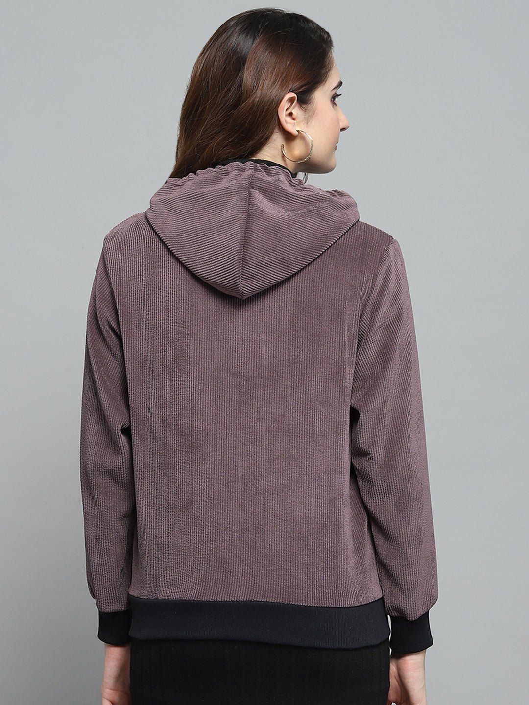 Women Purple Printed Hooded Full Sleeve Sweatshirt