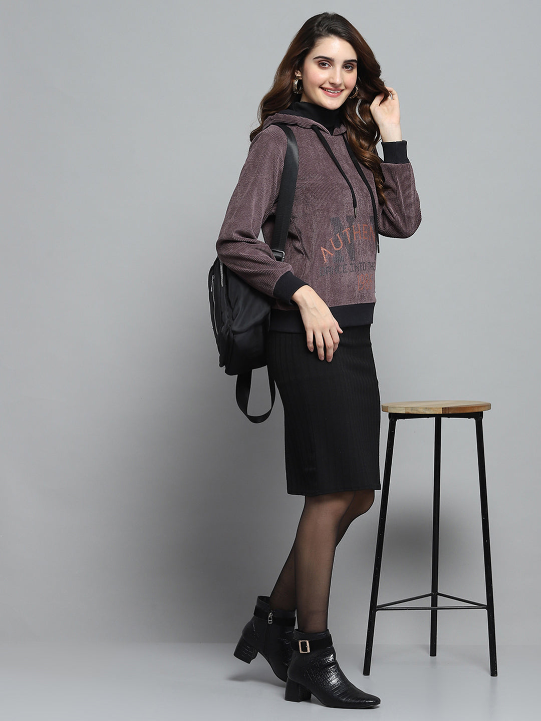 Women Purple Printed Hooded Full Sleeve Sweatshirt