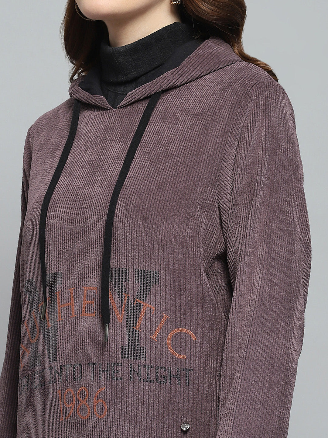 Women Purple Printed Hooded Full Sleeve Sweatshirt