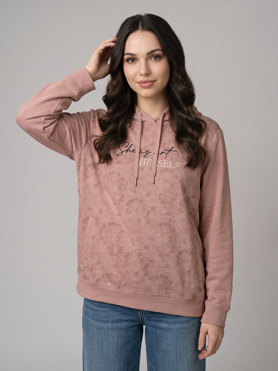 Women Peach Printed Hooded Full Sleeve Sweatshirt
