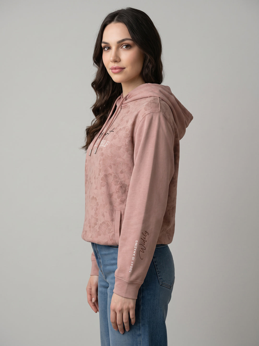 Women Peach Printed Hooded Full Sleeve Sweatshirt