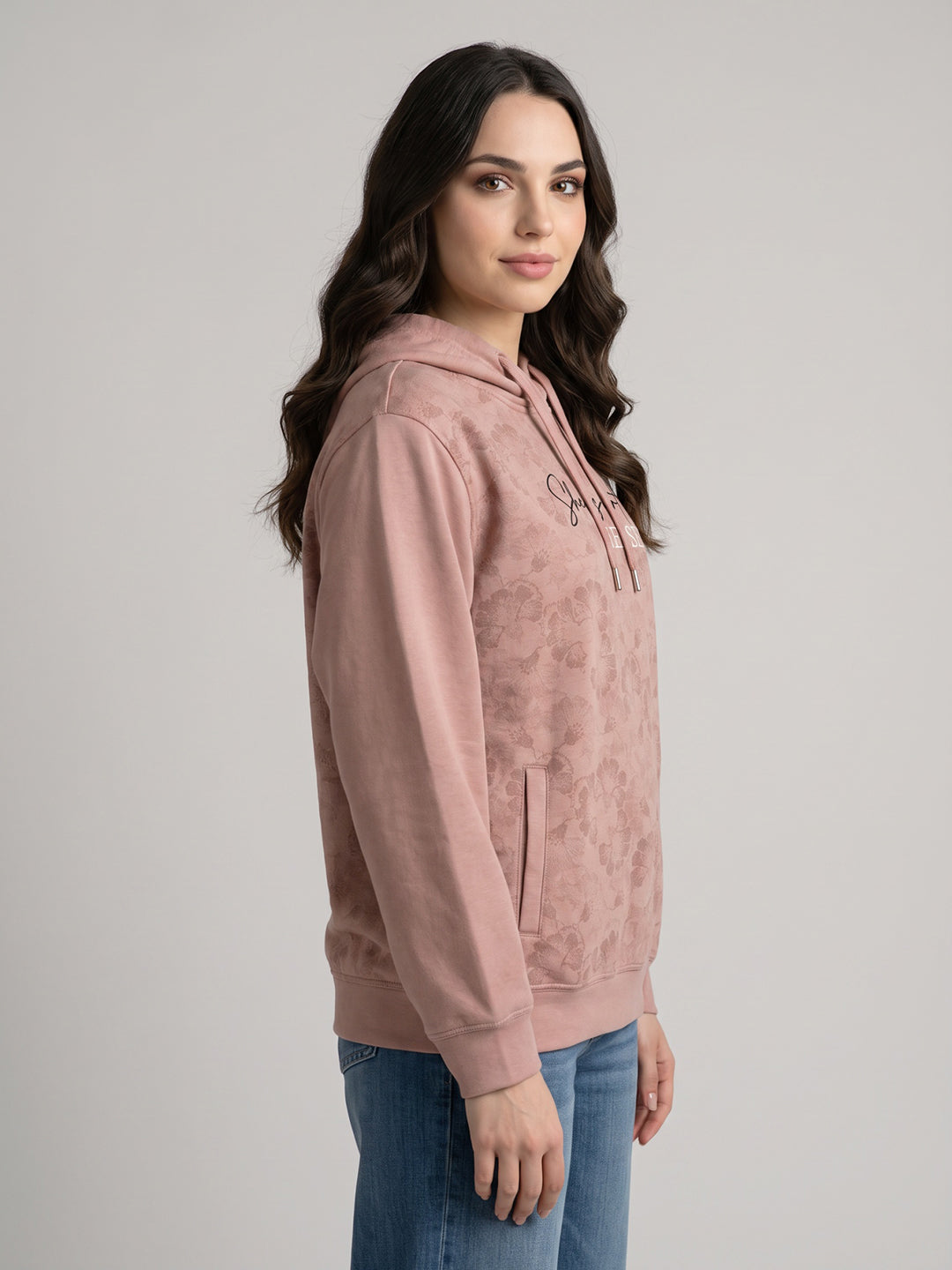 Women Peach Printed Hooded Full Sleeve Sweatshirt